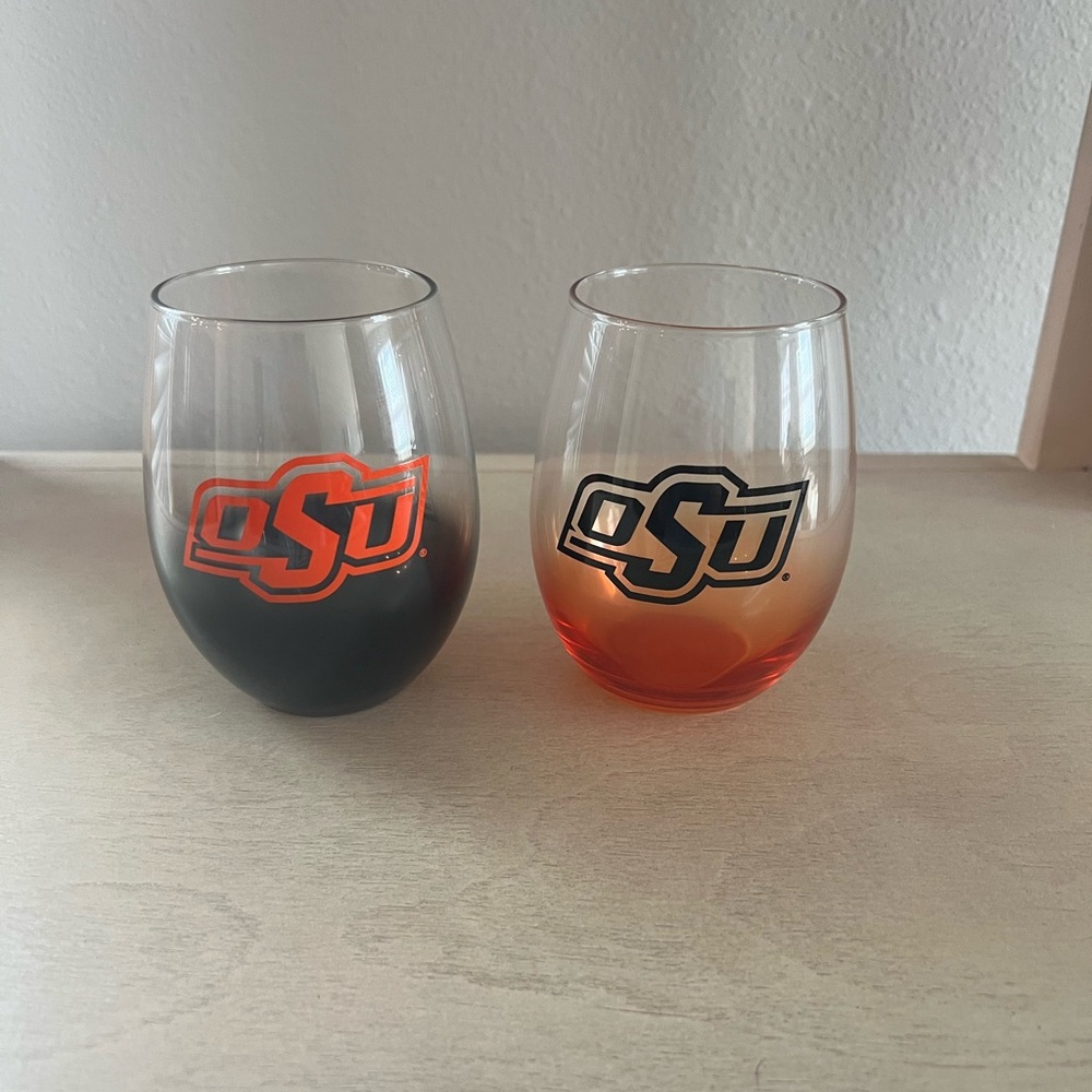 OSU Oklahoma State Logo Stemless Black and Orange Wine Glass Set